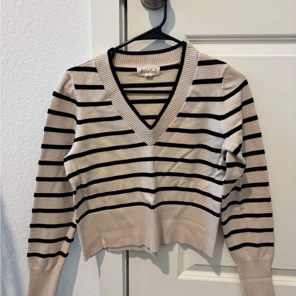Black and Cream V-Neck Sweater